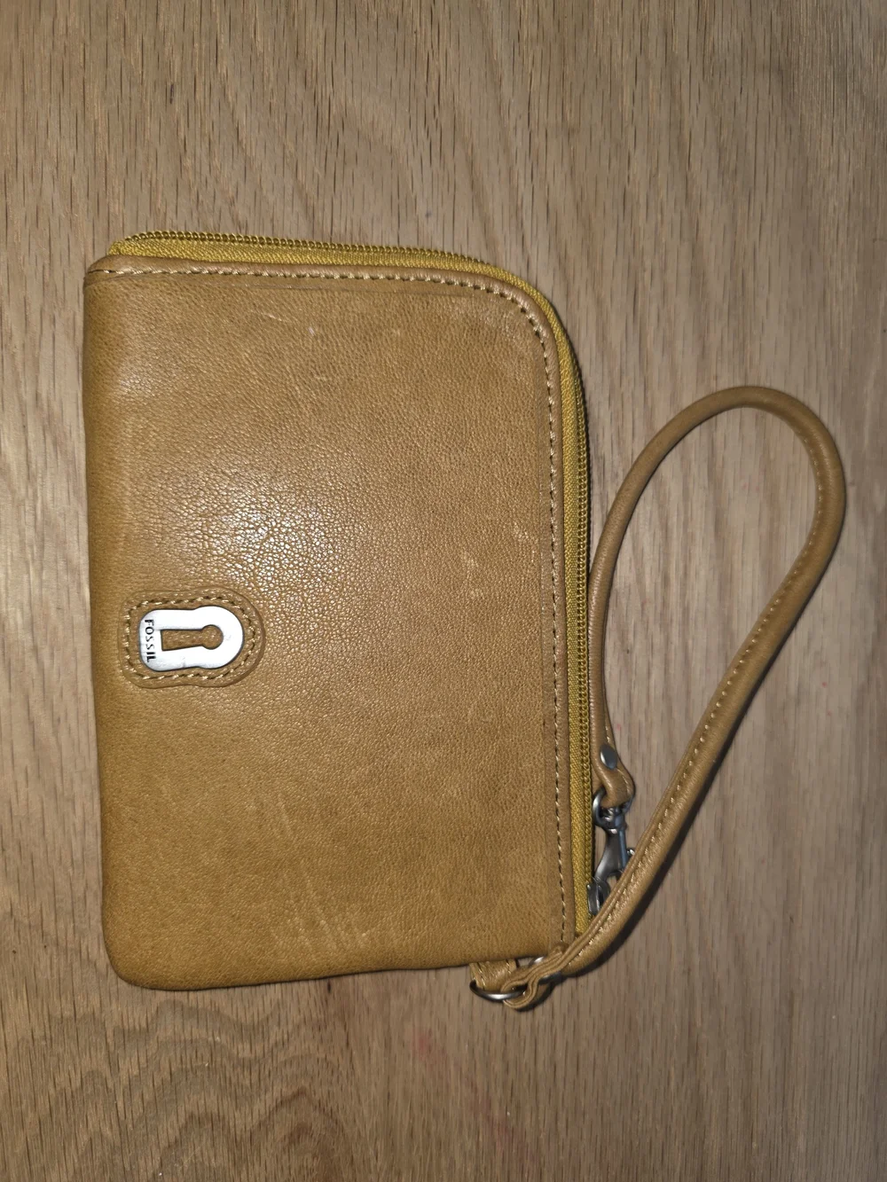 Fossil Mustard Yellow Wristlet with Embroidered Bird & Cage Motifs
